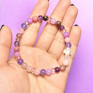 Rose Quartz Purple Quartz Rhodonite Clear Quartz Bracelet |Mother of Pearl Cross